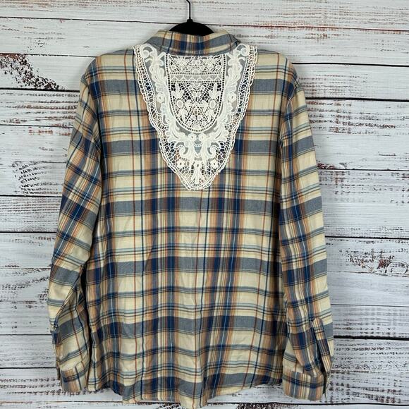 Women's Kate & Sam Cream Blue Crochet Lace Plaid Button Up Flannel Top Boho XL - Picture 3 of 8